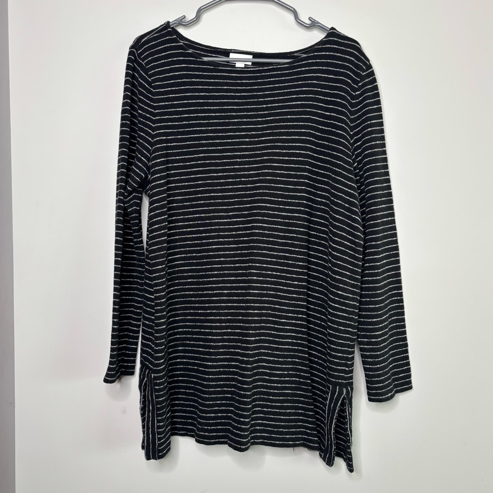 J. Jill Black Striped Long Sleeve Boat Neck Cotton Tunic Sweater Size XL